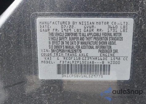 2022 Nissan Kicks S Xtronic Cvt z USA, uszkodzony, nr VIN 3N1CP5BV1NL529775